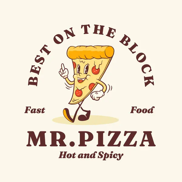 Geweldige Pizza Retro Personage Cartoon Food Slice Wandelen Glimlachen Vector Stockillustratie