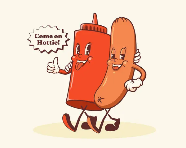 Groovy Hotdog Retro Characters Label Cartoon Wurst Und Ketchup Flasche Stockillustration