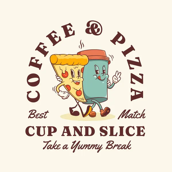 Groovy Pizza Und Kaffee Retro Zeichen Label Cartoon Slice Und Stockvektor