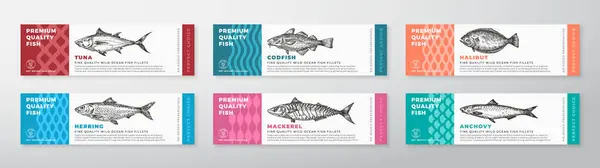 Fish Seafood Vector Packaging Label Design Collection Modern Typography Hand Vetores De Bancos De Imagens