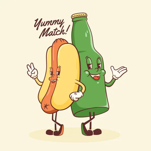 Groovy Hotdog Birra Retrò Personaggio Illustrazione Cartoon Salsiccia Panino Bottiglia Vettoriali Stock Royalty Free