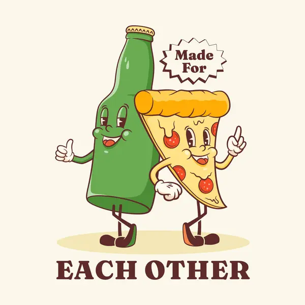 Groovy Pizza Beer Retro Characters Label Cartoon Slice Und Flasche lizenzfreie Stockillustrationen