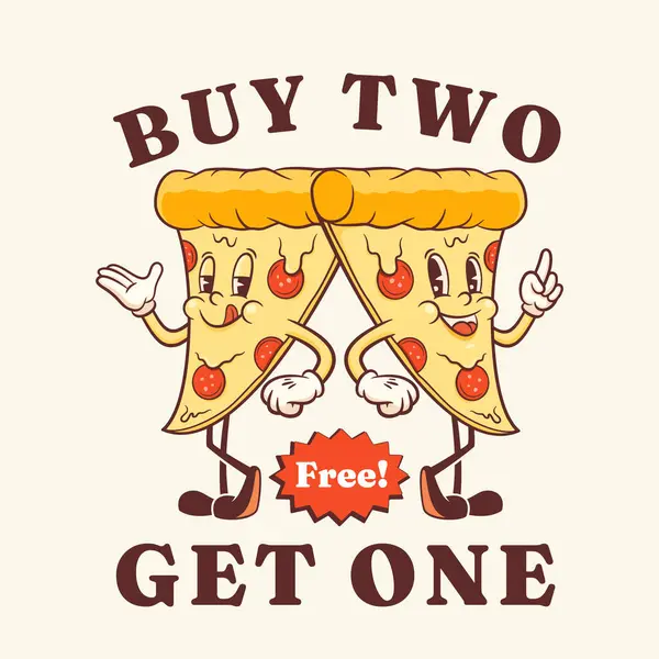 Groovy Pizza Retro Personaggio Cartoon Food Slice Walking Smiling Modello Vettoriali Stock Royalty Free