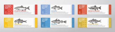 Fish Seafood Vector Paketleme Etiketi Tasarım Modern Typography and Hand Drawn Somon, Seabass, Pollock ve Surmullet Ürün Arkaplan Düzeni