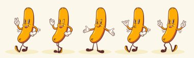 Harika Hotdog Retro Karakter Çizimleri Seti. Çizgi film Sosis, Yürüyen Gülen Vektör Yiyecek Maskotu Şablonu. Mutlu Klasik Fast Food Lastik Hortum Çizimi. İzole edilmiş