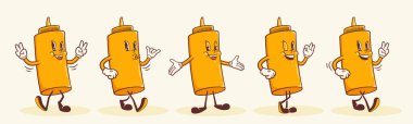 Harika Hotdog Hardal Retro Karakter Çizimleri Seti. Çizgi film Şişe Yürüyen Gülen Vektör Yiyecek Maskotları. Mutlu Klasik Fast Food Lastik Hortum Çizimi. İzole edilmiş
