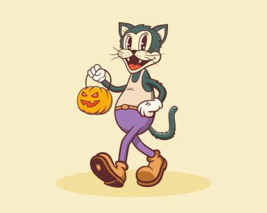 Cadılar Bayramı Manyak Kedi Balkabağı Retro Karakteri. Çizgi film Jack O Lantern Yürüyor ve Gülümsüyor. Vektör Sonbahar Tatil Maskotu Şablonu. Mutlu Vintage Cool Illustration. İzole edilmiş