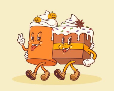 Cadılar Bayramında Havalı Balkabağı Keki ve Kahve Retro Karakterleri. Karikatür Tatlılar Kupası Puding Latte Yürüyüş ve Gülümseme. Vektör Sonbahar Tatil Maskotu Şablonu. Mutlu Vintage Cool Illustration. İzole edilmiş