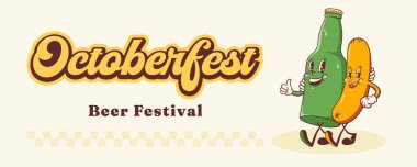 Havalı Bira Festivali Retro Karakterleri Banner Illustration. Çizgi film Şişe ve Sosis Yürüyen Gülen Vektör Yiyecek Maskotu Şablonu. Mutlu Vintage Serin İçecekler Çizimi