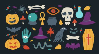 Cadılar Bayramı çağdaş vektör çizimleri ayarlandı. Elle çizilmiş modern saf renkli elementler koleksiyonu. Kafatası, balkabağı, örümcek, kazan ve şeker. Münferit ögelerle sonbahar tatili paketi