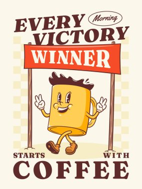 Moda Kahve Kupası Retro Karakteri. Kazanan Poster Altında Yürüyen ve Gülümseyen Çizgi Film Yemek Kupası. Fast Food İçecek Maskotu Zafer Şablonu. Mutlu Vintage Cool Illustration. İzole edilmiş