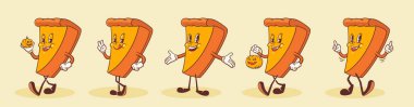 Cadılar Bayramı Balkabağı Baharatlı Turta Retro Karakterleri Seti. Jack O Lantern 'le Tatlı Kek Yürüyüşü çizgi filmi. Vektör Sonbahar Tatil Maskotu Şablonu. Mutlu Vintage Cool Illustration. İzole edilmiş