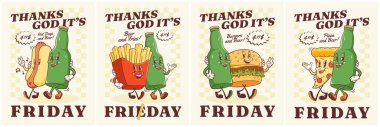 Groovy Burger, Hotdog, Pizza, French Fries and Beer Bottle Retro Character Illustration Posters Set. Cartoon Fast Food and Drink Beverage Vector Mascot Templates. Happy Vintage Cool Drawings clipart