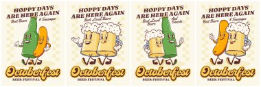 Havalı Bira Festivali Retro Karakterleri Çizim Posterleri Ayarlandı. Çizgi film Şişe, Kupa ve Sosisli Gülümseyen Vektör Yiyecek Maskot Şablonları Koleksiyonu. Mutlu Vintage Serin İçecekler Tatil Çizimleri