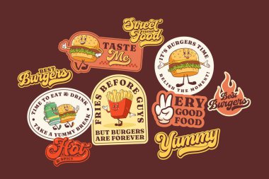 Harika Burger Retro Karakter Çıkartmaları Seti. Çizgi film hamburgeri, patates kızartması, bira yürüyüşü ve gülümseme. Vector Sokağı Yiyecek Maskotu Şablonları Koleksiyonu. Klasik Fast Food Çizimleri. İzole edilmiş