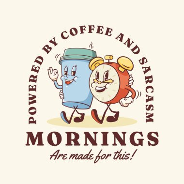 Harika bir kahve fincanı ve Alarm Saati Retro Karakter Etiketi. Karikatür Gıda Kâğıt Kupa Yürüyüşü ve Gülümseme. Fast Food Sabah İçeceği Maskot Şablonu. Mutlu Vintage Cool Illustration Tecrit Edildi