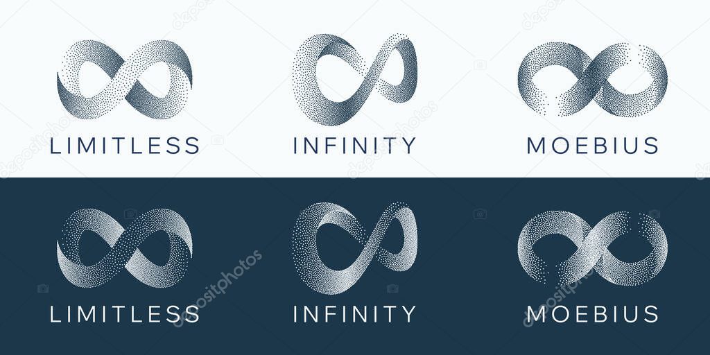 Gritty Dots Digital Technology Grey Light Vector Infinity Logo. Artificial Intelligence Abstract Data Limitless Sign Concept. Grain Texture Endless Infinite Loop Emblem Templates Set. Isolated
