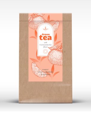 Fruit ve Berries Tea Label 'li Craft Paper Bag. Gerçekçi Vektör Kesesi Paket Tasarımı Modeli. Modern Typography, Hand Drawn Mangerine ve Leaves Siluetleri Arka plan Mockup. İzole edilmiş