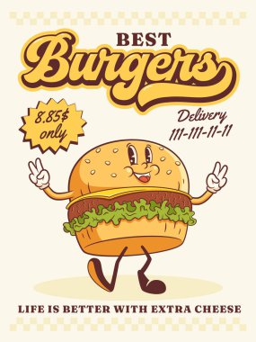 Harika Burger Retro Karakter Posteri. Çizgi film Hamburger Yürüyüşü ve Gülümseyişi. Vektör Fast Food Maskot Şablonu. Mutlu Vintage Cool Illustration. İzole edilmiş