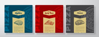 Pizza Gerçekçi Karton Kutu Model Seti. Soyut Vektör Tasarım Etiketi Şablonları Koleksiyonu. Modern Typography, Sketch Seafood Food ve Renkli Kağıt Arkaplan Modeli. İzole edilmiş