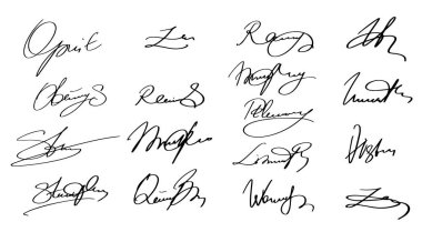 İmza Sahte İmza Vektör İşaretleri Ayarlandı. El yazısı, Hayali Kişisel Yazı Bileşenleri Koleksiyonu. Belgeler Beyaz Arkaplanda Karalamalar İmzalar. İzole edilmiş