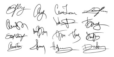 İmza Sahte İmza Vektör İşaretleri Ayarlandı. El yazısı, Hayali Kişisel Yazı Bileşenleri Koleksiyonu. Belgeler Beyaz Arkaplanda Karalamalar İmzalar. İzole edilmiş