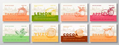 Meyve ve Fındık Gıda Etiketi Şablonları Ayarlandı. Soyut Vektör Tasarım Düzeni Koleksiyonu. El Çizimi Citrus ve Kırsal Arazi Arkaplanlı Modern Typography Banner. İzole edilmiş