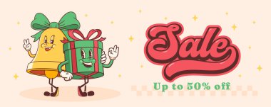 Noel Çanı ve Hediye Kutusu Retro Karakterleri. Çizgi film Xmas Satış Personel Sancağı. Vektör Kış Tatili Maskot Şablonu Arkaplanı. Mutlu Vintage Cool Illustration Tecrit Edildi