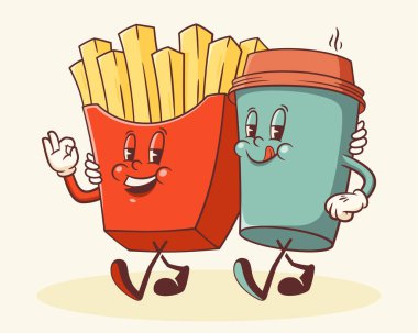 Muhteşem Fransız Kızartmaları ve Kahve Retro Karakteri Çizimi. Çizgi film Kızarmış Patates ve Kağıt Kupa Yürüyen Vektör Yemek Şablonu Mutlu Klasik Fast Food Lastik Hortum Tarzı İzole Edilmiş