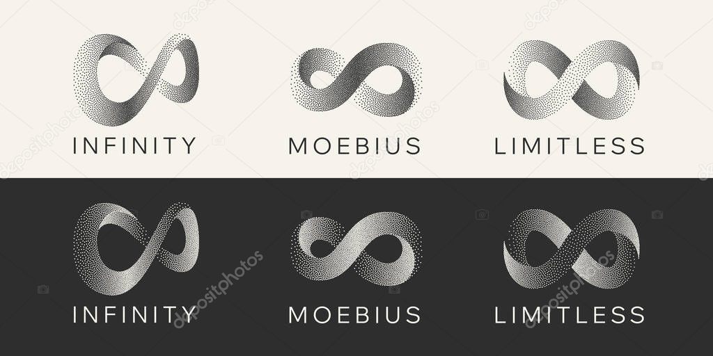 Gritty Dots Digital Technology Grey Light Vector Infinity Logo. Artificial Intelligence Abstract Data Limitless Sign Concept. Grain Texture Endless Infinite Loop Emblem Templates Set. Isolated