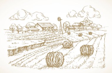 Çiftlik Tasviri Kırsal Peyzaj Çizimi. Elle Çekilen Taşra Köy Bahçesi ve Haystacks Doodle. Kabartma Biçimli Pasta Çizimi. İzole edilmiş