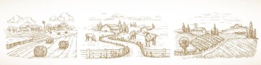 Çiftlik Tasviri Kırsal Peyzaj Çizimleri Seti. Elle Çekilen Taşra Köyü Üzüm bağı Evcil Sığır Hayvanı Hayvanları, Haystacks Doodle. Kabartma Biçimli Pasta Çizimi. İzole edilmiş