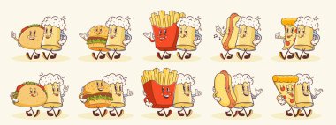 Manyak Bira ve Sokak Yiyecekleri Retro Karakterleri Seti. Çizgi film Burger, Pizza, Taco, Fries, Hot Dog ve Kupa Gülümseyen Fast Food Fast Food Maskot Şablonları Mutlu Klasik Çizimler Koleksiyonu İzole Edildi
