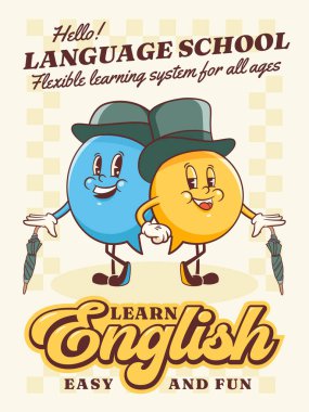 Vector English Talk Learning Group of British Gentleman Characters in Hats Illustration Poster. Harika Çizgi Film Konuşması Konuşması Sohbet Mesajı Londra Konuşma Personeli İzole Edildi
