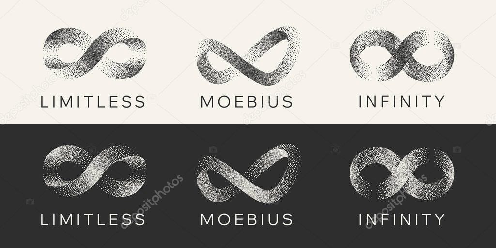 Gritty Dots Digital Technology Grey Light Vector Infinity Logo. Artificial Intelligence Abstract Data Limitless Sign Concept. Grain Texture Endless Infinite Loop Emblem Templates Set. Isolated