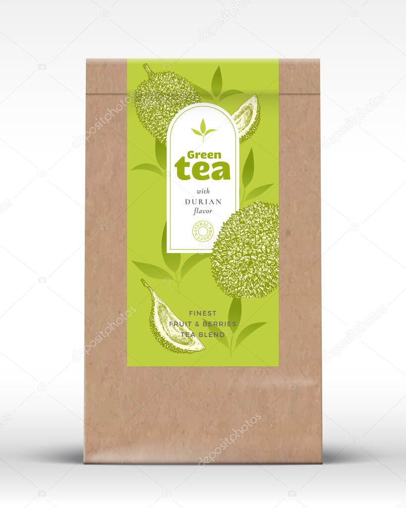Craft Paper Bag with Fruit and Berries Tea Label. Realistic Vector Pouch Packaging Design Layout. Modern Typography, Hand Drawn Duriane and Leaves Silhouettes Background Mockup Isolated