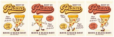Harika Pizza Retro Karakter Afişleri. Çizgi film Sokak Gıda Doğrama ve Gülümseme. Vektör Fast Food Teslimat Maskot Şablonları Koleksiyonu. Mutlu Vintage Cool Illustrations. İzole edilmiş