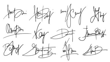 İmza Sahte İmza Vektör İşaretleri Ayarlandı. El yazısı, Hayali Kişisel Yazı Bileşenleri Koleksiyonu. Belgeler Beyaz Arkaplanda Karalamalar İmzalar. İzole edilmiş