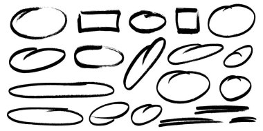 Boya kalemi dairesel şekiller vektör seti. Tebeşir Yazı Yuvarlak Vurgulama Koleksiyonu. Renkli El Fırçası Doku Diyaloğu Oval Çerçeveler. Kalem Vurgulama Elementleri Kömür Karalama Konuşma Balonları Paketi