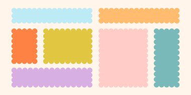 Çerçevelenmiş Vektör Oluşturulmuş Bento Izgara Şekilleri Ayarları. Kafa derisi Frame Wavy Retro Çıkartma Koleksiyonu. Zig Zag Sınır Geometrik Sınır Kutuları. Kıvrık Çizgi Tasarım İşareti Arkaplanı. İzole edilmiş