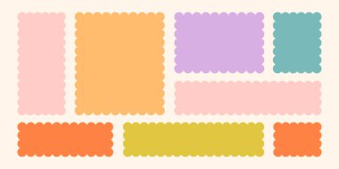 Çerçevelenmiş Vektör Oluşturulmuş Bento Izgara Şekilleri Ayarları. Kafa derisi Frame Wavy Retro Çıkartma Koleksiyonu. Zig Zag Sınır Geometrik Sınır Kutuları. Kıvrık Çizgi Tasarım İşareti Arkaplanı. İzole edilmiş