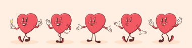 Sevgililer Günü Şahane Kalp Karakterleri Ayarlandı. Çizgi film Love Holiday Personages Collection. Vektör Sevimli Sevgililer Günü Maskot Şablonları Arkaplanı. Mutlu Vintage Cool Illustrations Bundle. İzole edilmiş