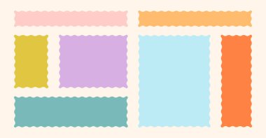 Çerçevelenmiş Vektör Oluşturulmuş Bento Izgara Şekilleri Ayarları. Kafa derisi Frame Wavy Retro Çıkartma Koleksiyonu. Zig Zag Sınır Geometrik Sınır Kutuları. Kıvrık Çizgi Tasarım İşareti Arkaplanı. İzole edilmiş