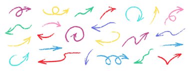 Pastel oklar, karalama vektörü seti. Chalk Scribble Pointer Şekilleri Koleksiyonu. Renkli El Çekimi Fırça desenli girdap. Kalem Vurgulama Elementleri Kömür Kıvrımlı Semboller Paketi