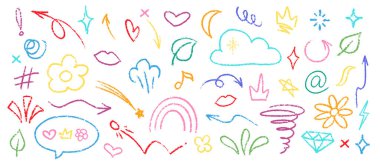 Boya kalemi renkli karalama vektörü seti. Tebeşir Graffiti Şekilleri Koleksiyonu. Renkli El Çekimi Fırça Yapısı Kalpler, Çiçek Yıldızları ve Karalamalar. Kalem Çocuksu Kız Kömür Karalamaları