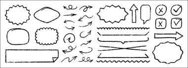 Şirin Boya Kalemi Vurgu Karalama Vektörü Seti. Graffiti Arrows Konuşma Baloncukları Altını Çiziyor. El yapımı fırça desenli yıldız şekilleri. Kalem Çocukça Kömür Karalamaları