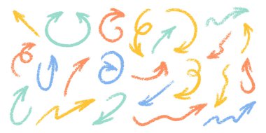 Pastel oklar, karalama vektörü seti. Chalk Scribble Pointer Şekilleri Koleksiyonu. Renkli El Çekimi Fırça desenli girdap. Kalem Vurgulama Elementleri Kömür Kıvrımlı Semboller Paketi