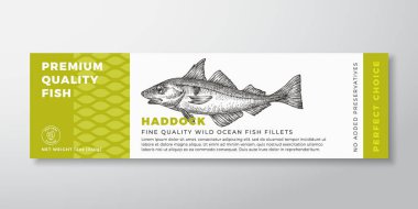 Deniz Ürünleri Balık Vektörü Etiketi Tasarım Arkaplan Düzenleme Şablonu. El Çizimi Haddock Illustration ve Modern Typography. Kalıplı ve oymalı Balık Silueti Ürün Afişi