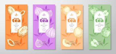 Çay Etiketi Vektör Kümesi. Meyve ve Böğürtlen Çay Paketi Tasarım Paketi. Modern Typography, Hand Drawn Tea Leaves, Papaya, İncir, Şeftali ve Elma Siluetleri