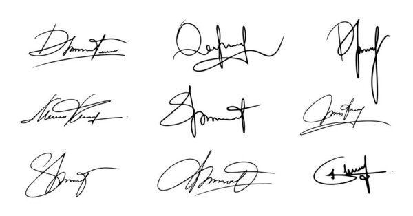 Поддельный набор векторных знаков автографа. Рукописные фиктивные личные скриншоты. Документы подписывают каракули на белом фоне. Isolated